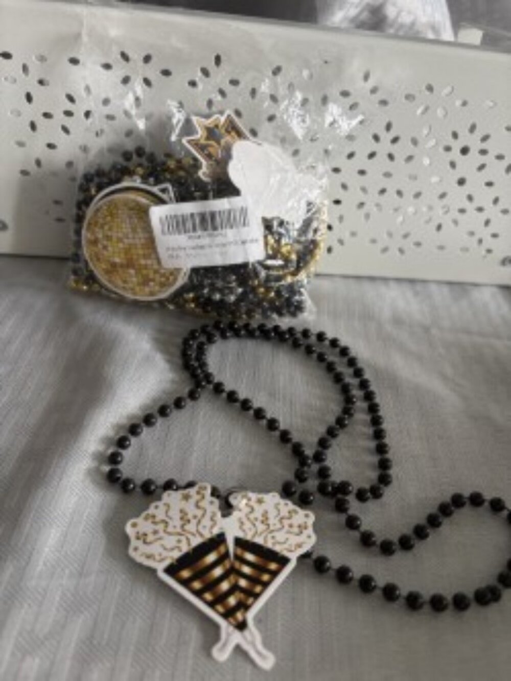 Party Bead Necklace with Pom-Pom Confetti Pendant - Black and Gold